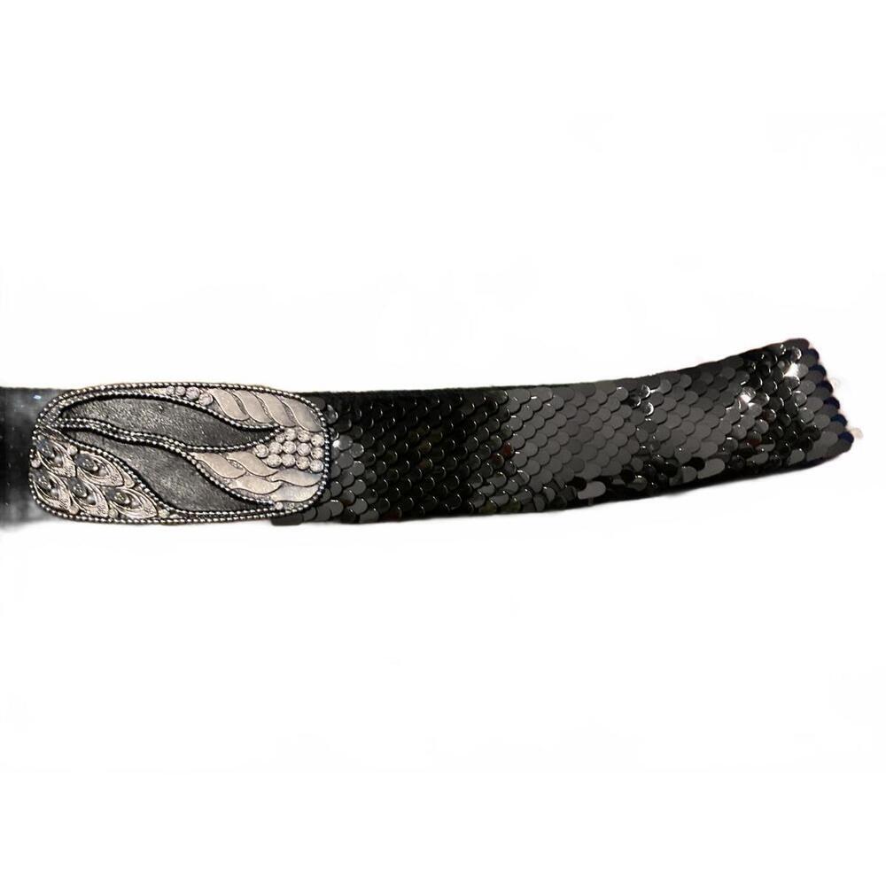 Vintage Elegant Black Sequined Belt with Decorative Silver Buckle - Picture 2 of 11